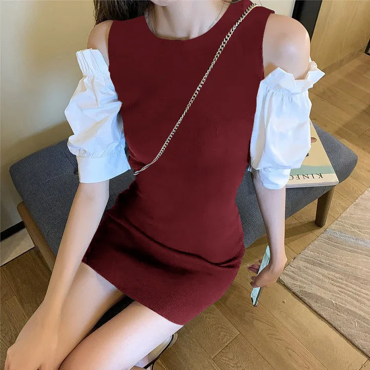 

Vintage Hepburn Style Waist Closing Thin Dress Women's Summer Small Sexy Off Shoulder Bubble Sleeve Dating Small Black Dress
