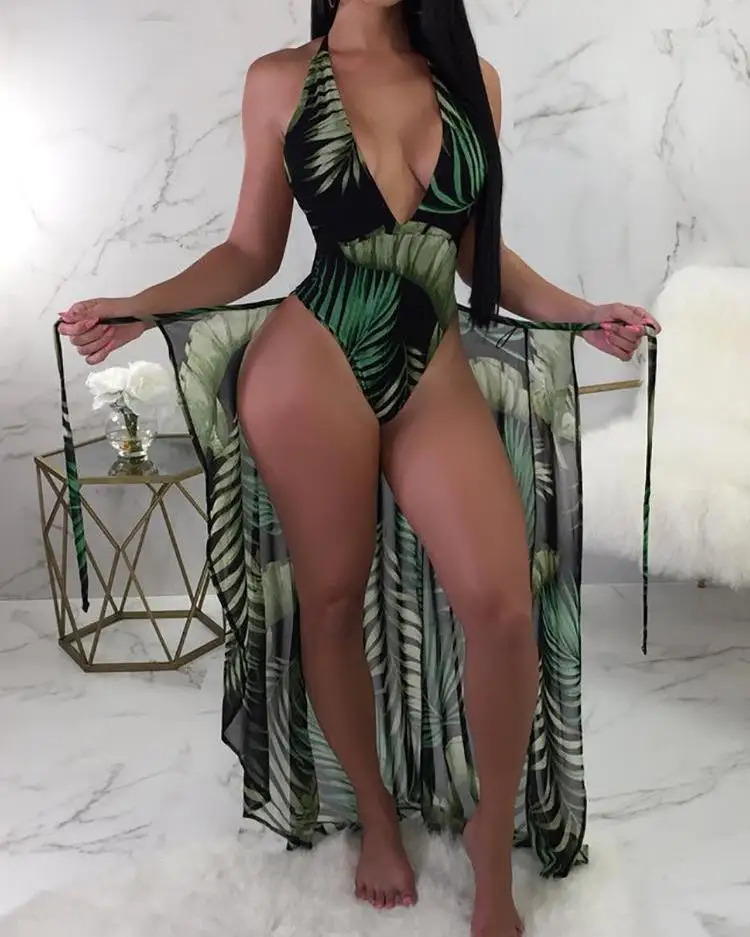 

Tropical Print Backless One Piece Swimsuit With Cover Up Women 2pcs Clothes Suit Swimming Wear Bathing Clothing Set Bikini