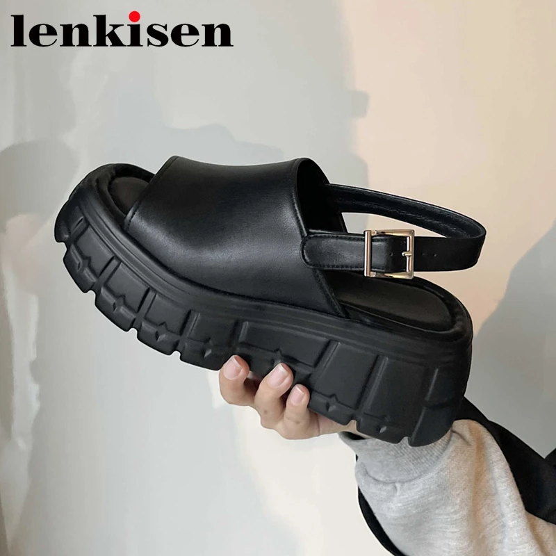 

Сандалии Lenkisen женские из коровьей кожи, Спортивная шикарная летняя обувь для отдыха с открытым носком на толстой подошве, модные однотонные...