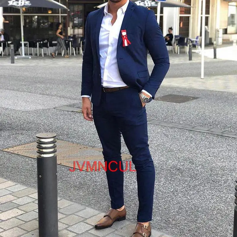 

2022 Fashion Classy Blue Wedding Tuxedos Mens Suits Slim Fit Peaked Lapel Prom Father Tailor Made Groomsmen Blazer ( Jacket+Pant