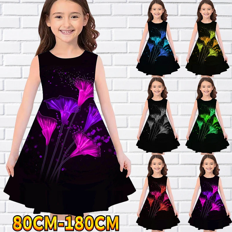

Kids Little Girls Sleeveless Dress Girls Dress 3D Kids Floral Print Daily Casual Cute Sweet Over Knee Sleeveless Dress 80-180CM