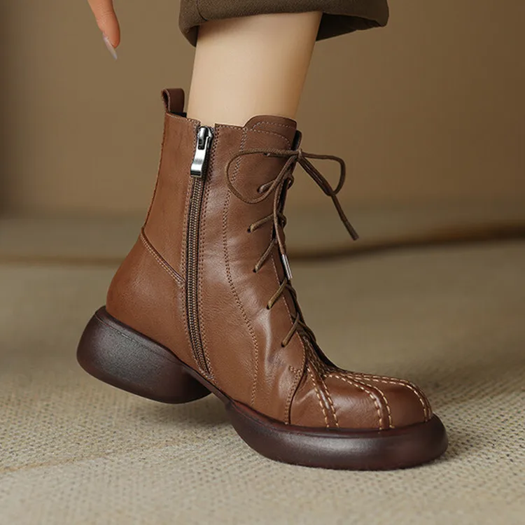

Brown Genuine Leather Women Short Boots Platform Round Toe Casual Tenis Botas Side Zipper Autumn Knight Botines Black Chaussure