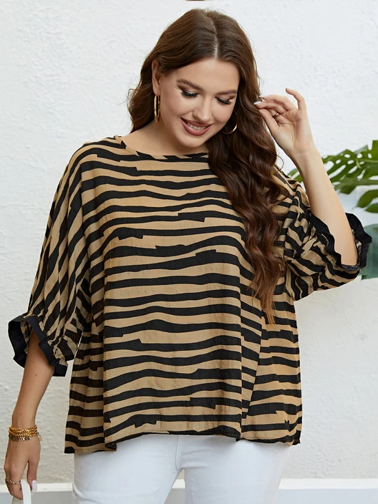 Summer Zebra Pattern 3/4 Sleeves Elegant Large Top blusas plus size mujer  peplum top  roupas femininas