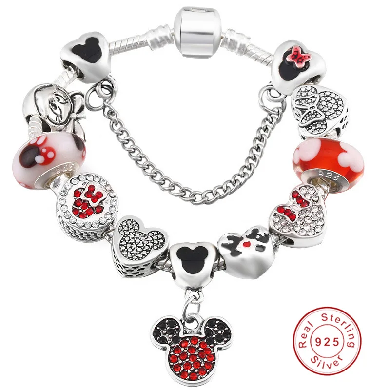 

21 стиль, Оригинальные Серебряные бриллианты, браслет, безопасные эмалированные бусины Микки, шармы, браслет для женщин, изготовление ювелир...
