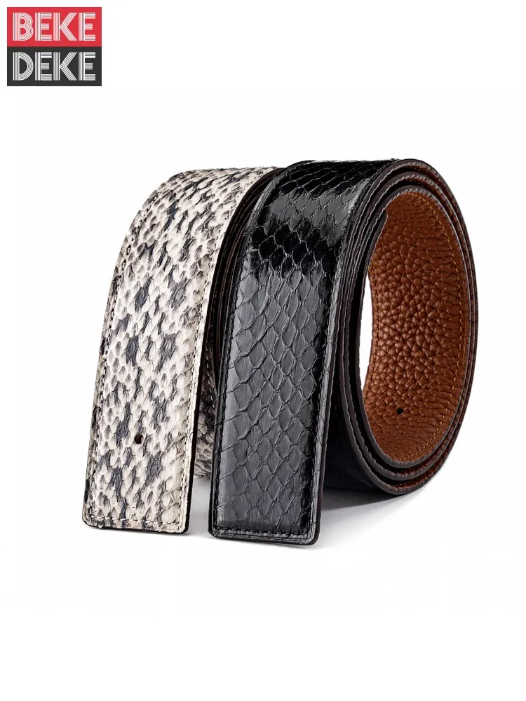 Men Real Python Leather Belted Patchwork Cow Genuine Leather Strap For Pants Without Buckle New Reversible Leather Girdle Belts