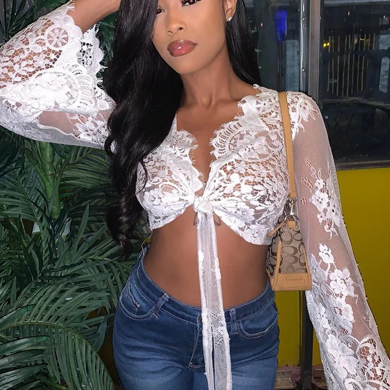 

Women's Fashion Sexy Open Back Lace Hollow Top Solid Color Cardigan Long Sleeve Lace V-neck T-shirt 2021 See-through Top Nude