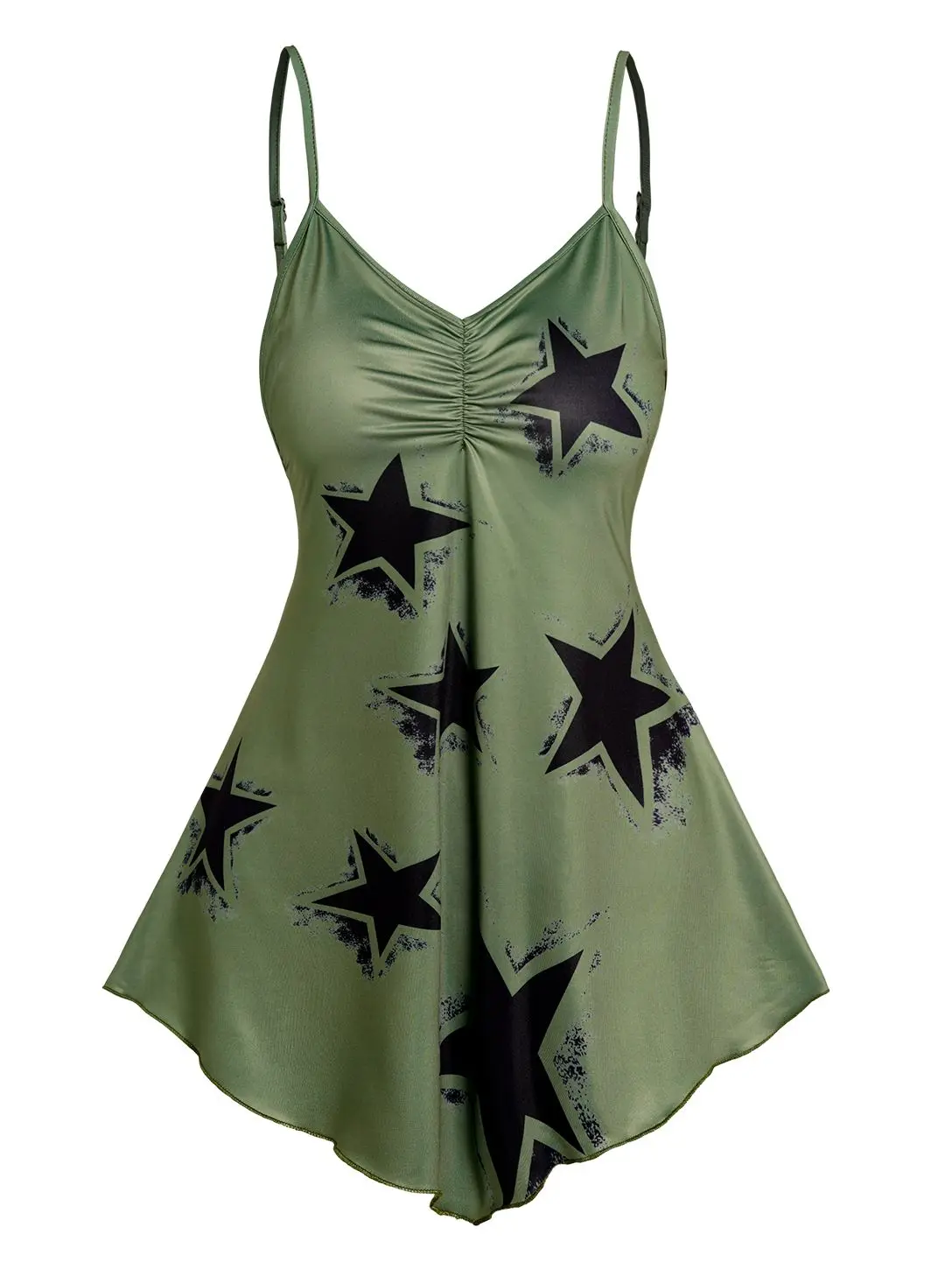 

Dressfo Women Camisole Star Print Pointed Hem Spaghetti Strap Tank Top Summer Adjustable Straps Ruched Casual Tank Tops