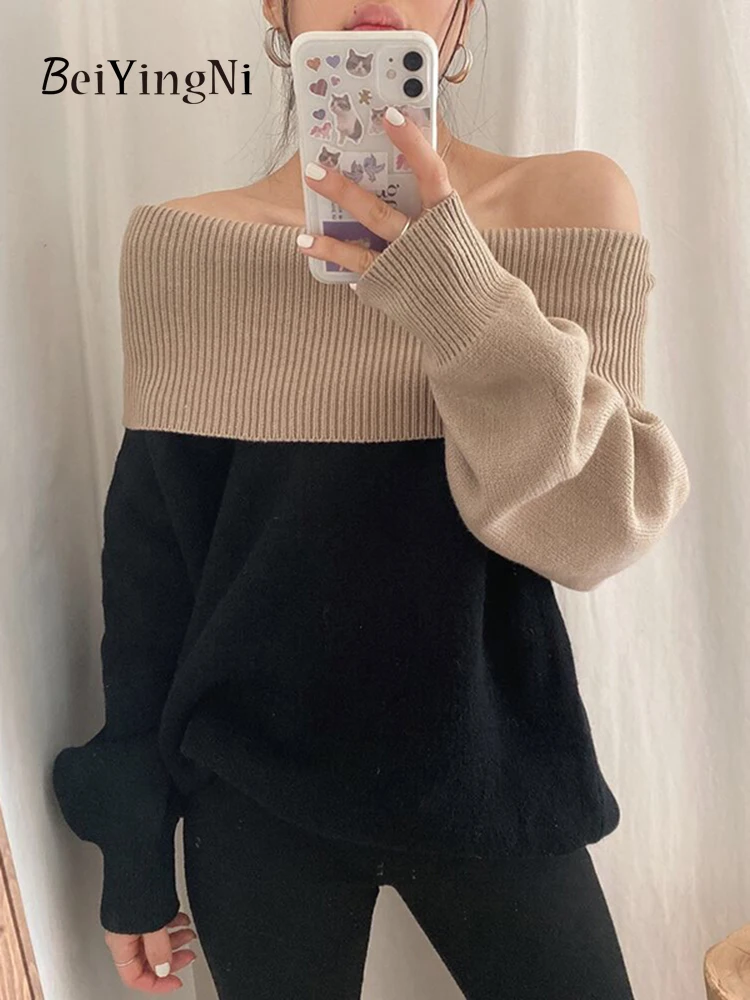 

Beiyingni сексуальный элегантный свитер с воротником-лодочкой, женский корейский плотный зимний джемпер с открытыми плечами, Женский пуловер о...