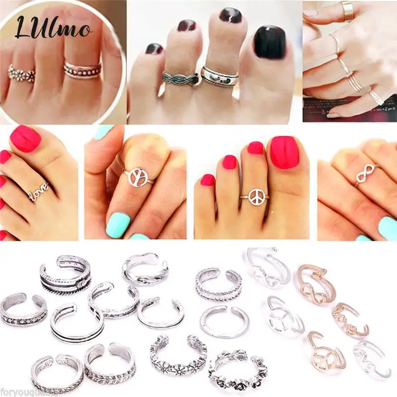 

New 12PCs/set Women Lady Unique Adjustable Opening Finger Ring Retro Carved Toe Ring Foot Beach Foot Jewelry