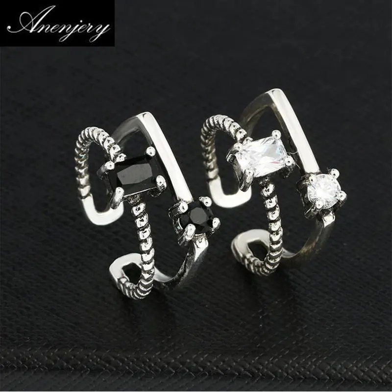 

925 Stamp Silver Color Vintage Fashion Double Rows Gem Zircon Anel Punk Opening Thai Rings For Women S-R71