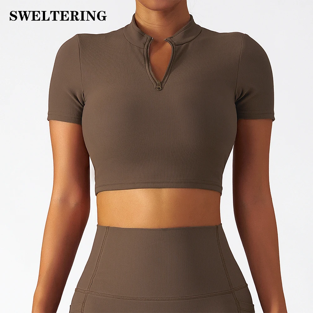 

Zipper Yoga Short Sleeved Sports Seamless Women Fitness Crop Top Workout Gym Clothes Sportswear Running T-shirts Yoga Tops Women