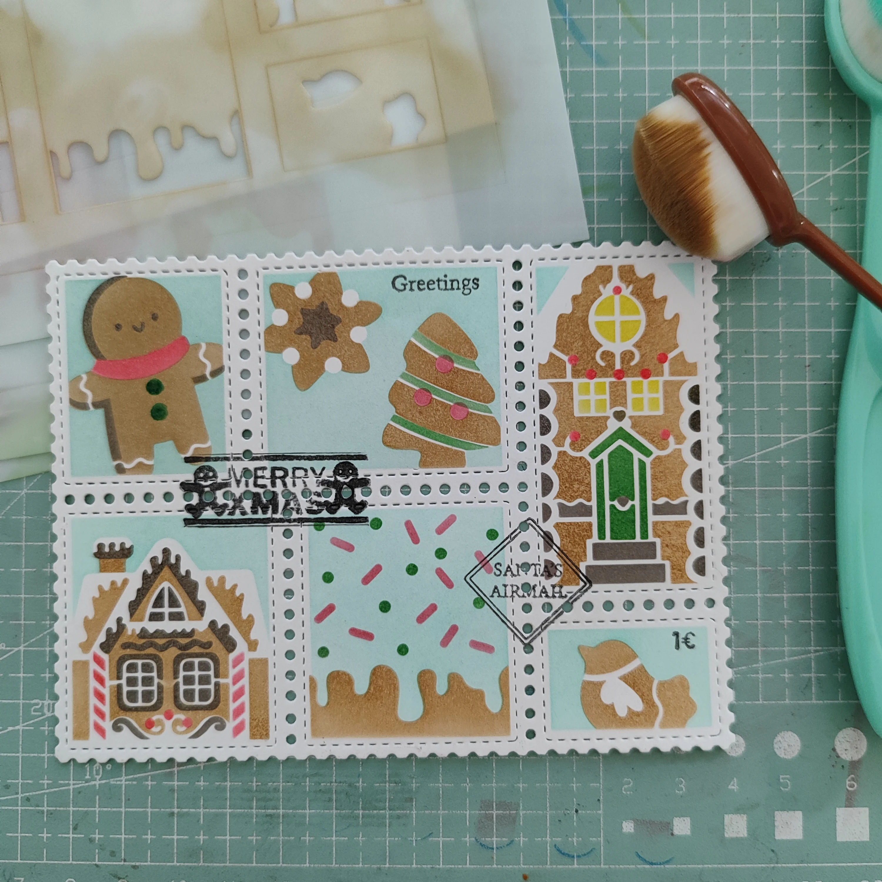 Морозный снеговик почтовый коллаж трафарет прозрачный штамп на Рождество