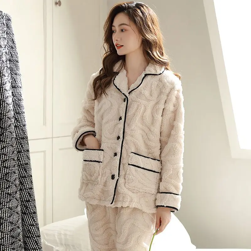 pajamas for women winter thicken warm long sleeve woman two pieces sets sleepwear clothing female clothes flannel nightwears