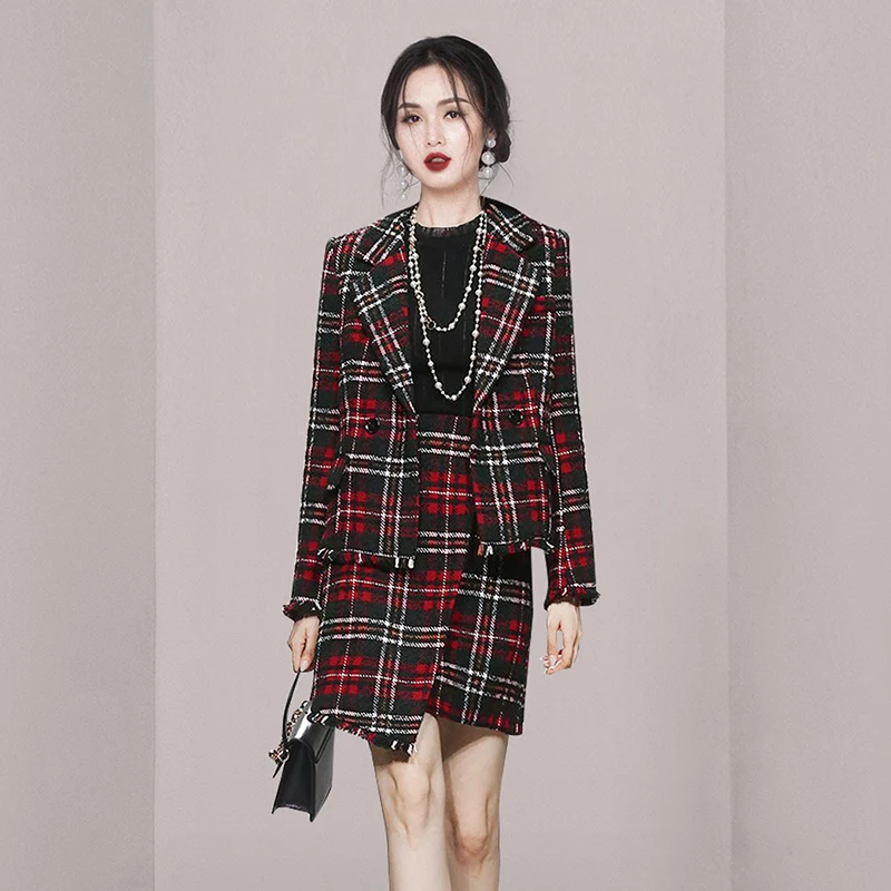 Elegant Plaid Skirt Suit Women Two Piece Set Suit Collar Tassel Jacket High Waist Asymmetric Skirt Autumn Winter Female Outfit