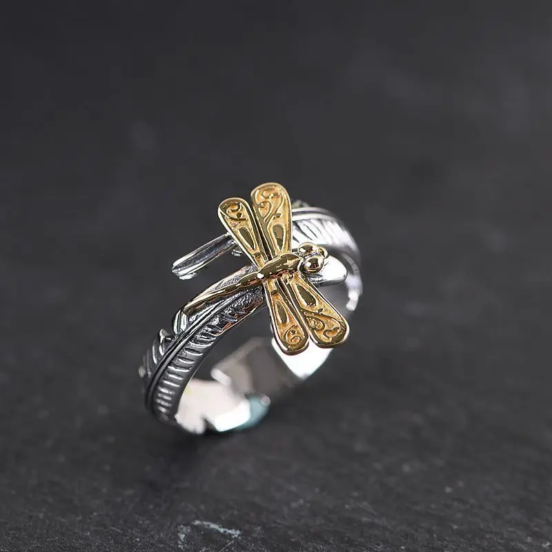 

Elegant Simple Dragonfly Adjustable Ring Two Tone Insect Feather Wings Engagement Wedding Rings for Women Jewelry Gifts