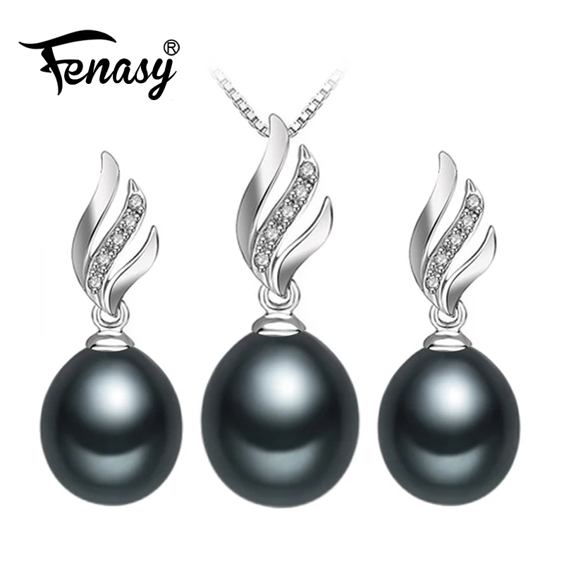 

FENASY Nice Natural Pearl Jewelry Sets 925 Sterling Silver Natural Pendant Necklace For Women Crystal Stud Earrings Set Wedding