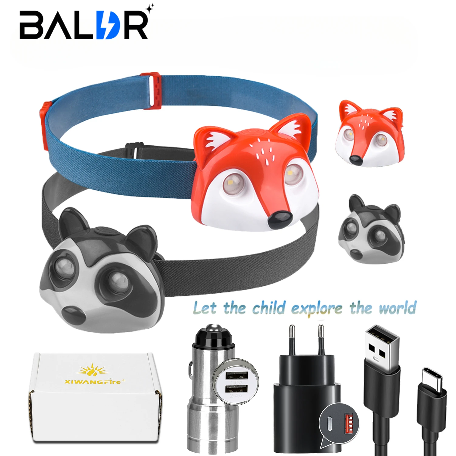 BALDR милый детский светодиодный налобный фонарь в форме лисы и енота Type-C