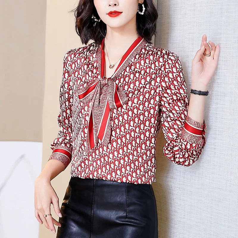 

#1780 Women's Satin Shirt Ribbon V-neck Office Lady Blouse Vintage Plaid Silk Shirt Loose Button Up Shirts Long Sleeve Top Loose