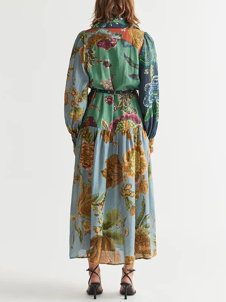 Женское длинное платье с цветочным принтом VGH Повседневное отложным воротником