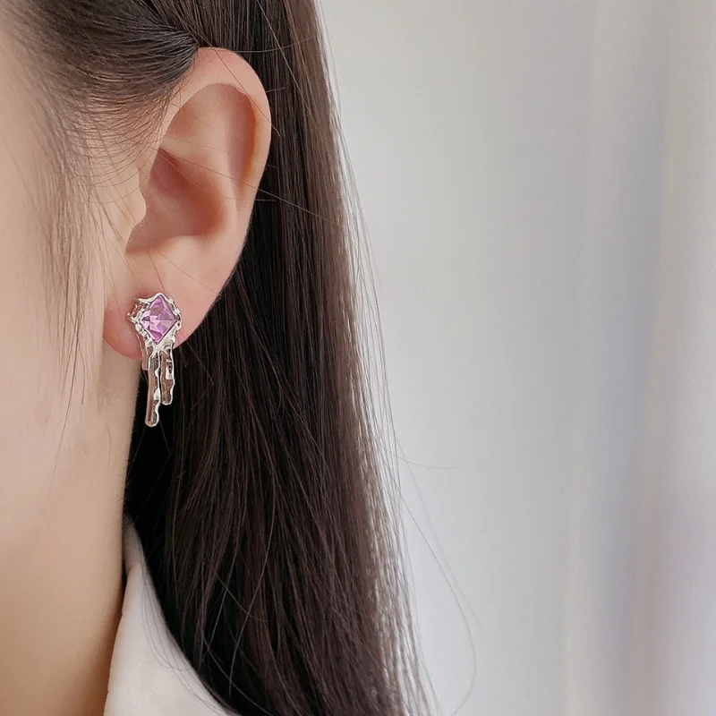 

Новые Модные фиолетовые квадратные серьги-гвоздики с бриллиантами, серьги-гвоздики неправильной формы, серебряные серьги