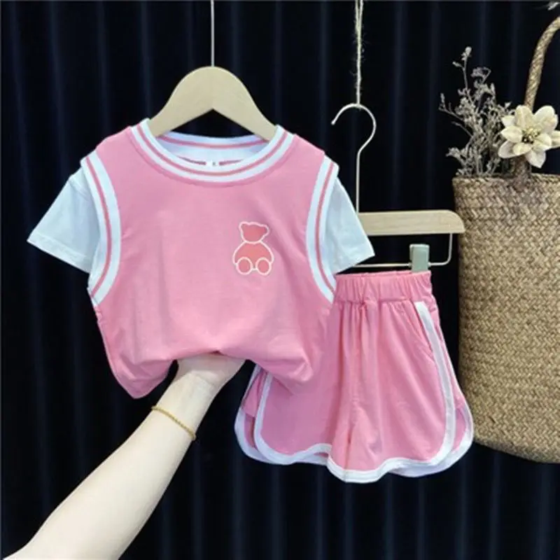 Children's Clothing Girls Summer Suit Two-piece Small Children Half-sleeve T-shirt Shorts 12345 Y Baby Loose Casual