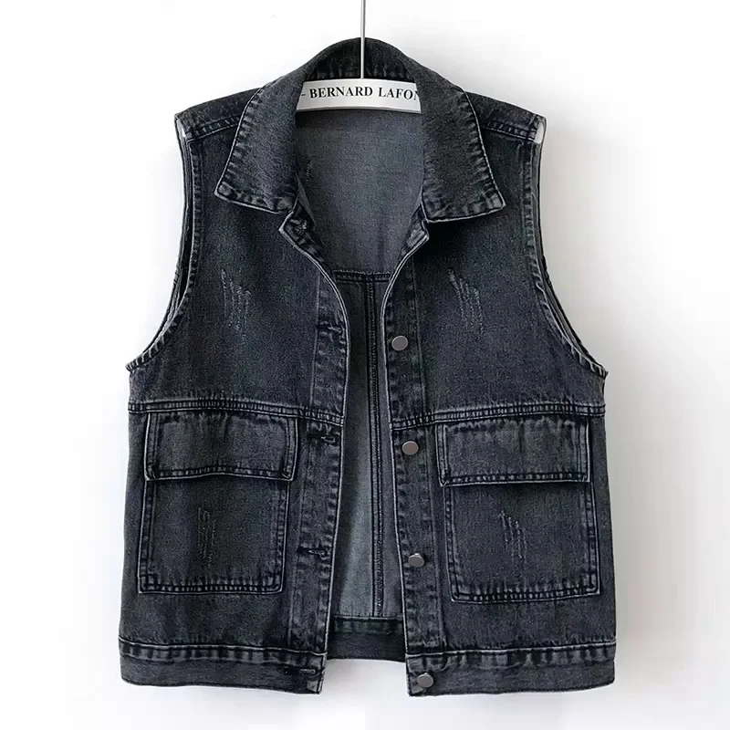 

Spring Fall Women's Waistcoats Vintage Korean Style Versatile Solid Color Loose Pockets Sleeveless Single-breasted Denim Tops