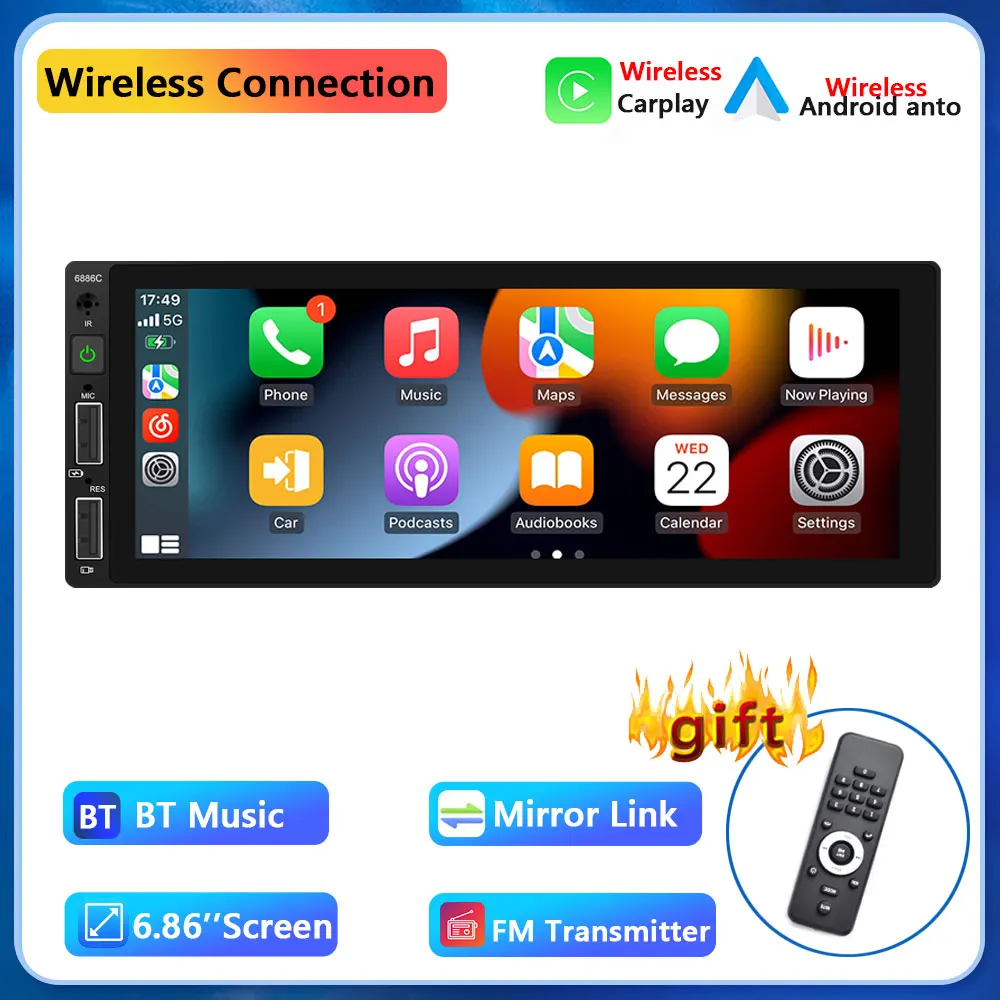 

Автомагнитола Podofo универсальная с сенсорным экраном 6,86 дюйма, 1DIN, FM-радио