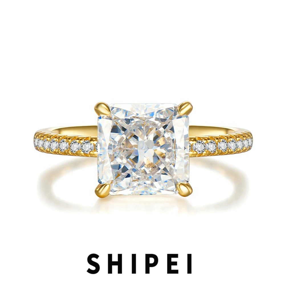 

SHIPEI 18K Gold Plated 925 Sterling Silver 10*10MM Crushed Ice Cut White Sapphire Gemstone Wedding Engagement Rings Fine Jewelry