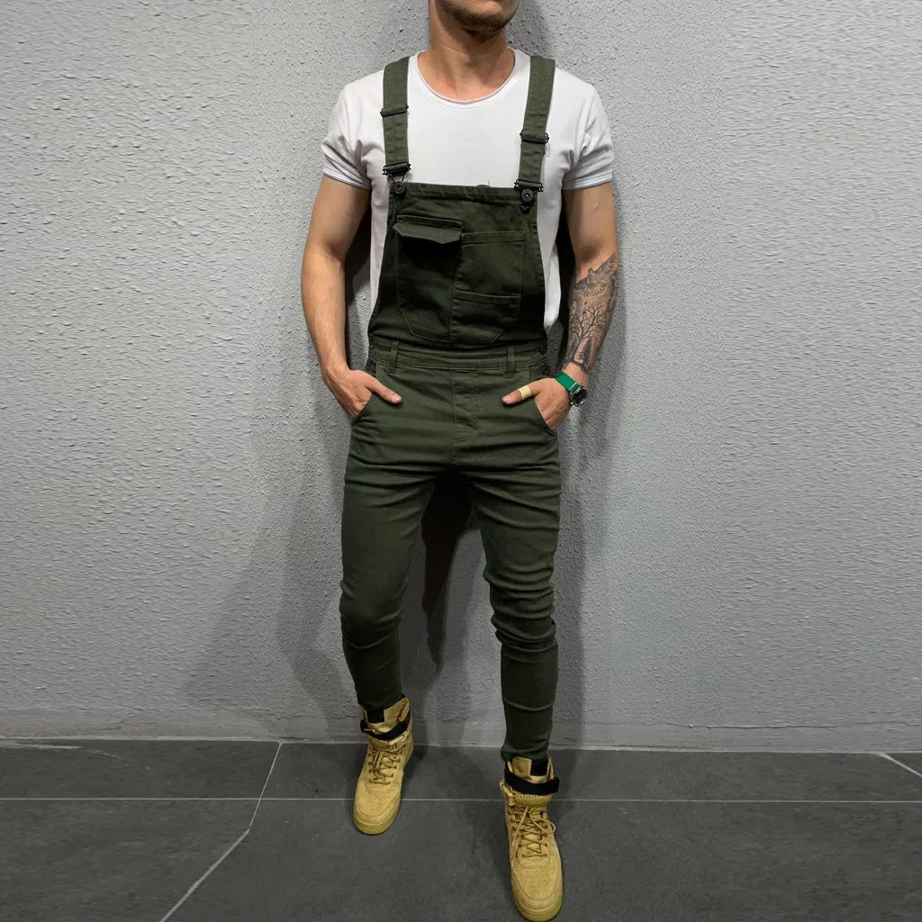 Mens Pocket Jeans Overall Jumpsuit Streetwear Overall Suspender Pants