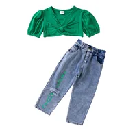 Kids Clothes Girls Summer Suit Ins Style 2022 New Girls Fashion Denim Suit Green Top + Ripped Pants Two-piece Set