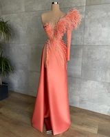 orange evening dresses one shoulder sequins long sleeve v neck formal prom dress high split party celebrity gowns robe de soiree
