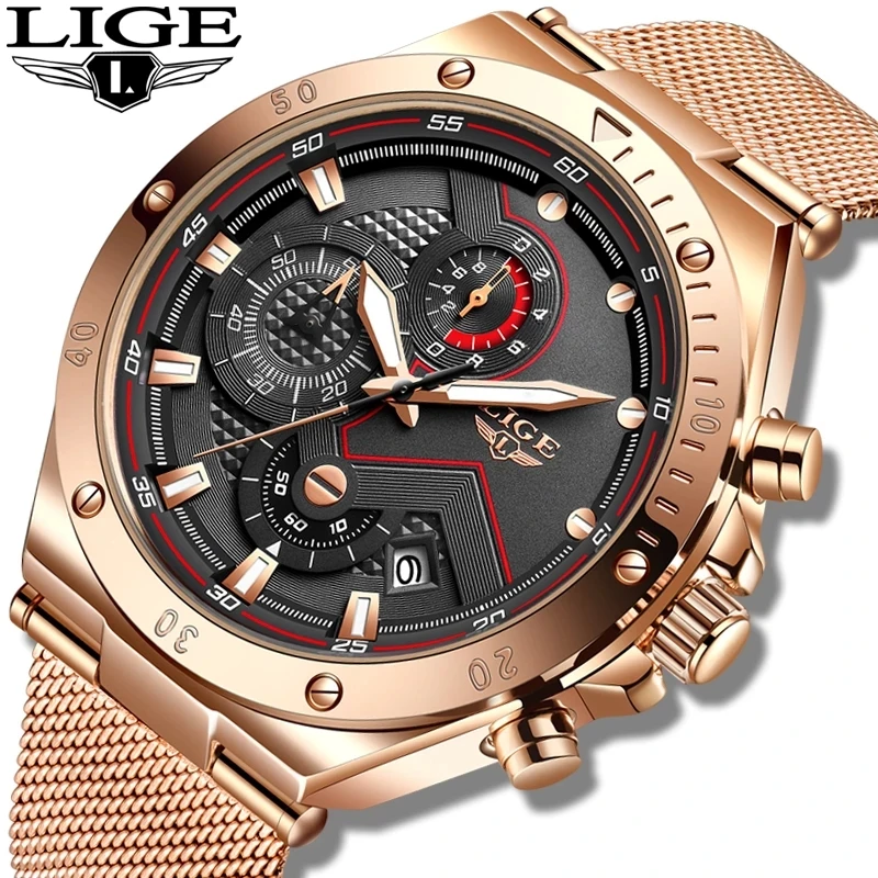 

LIGE Rose Gold Herren Uhren Top Brand Luxus Sport Uhr Männer Edelstahl Wasserdicht Quarz Uhr Für Männer Mode Chronograph