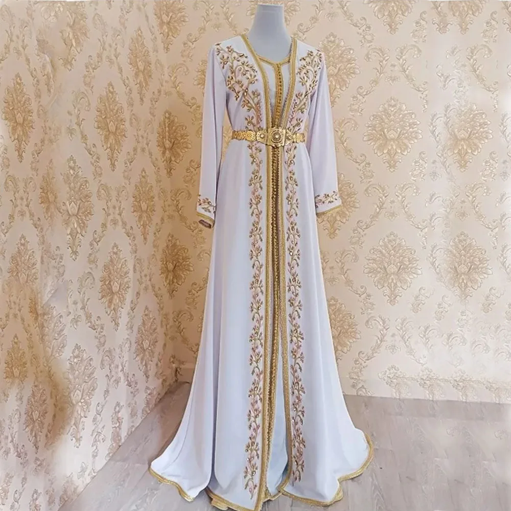 

Formal Full Sleeves Evening Dresses For Women Belt Gold Applique A-Line Party Gowns Front Split Sweep Train Robes De Soirée