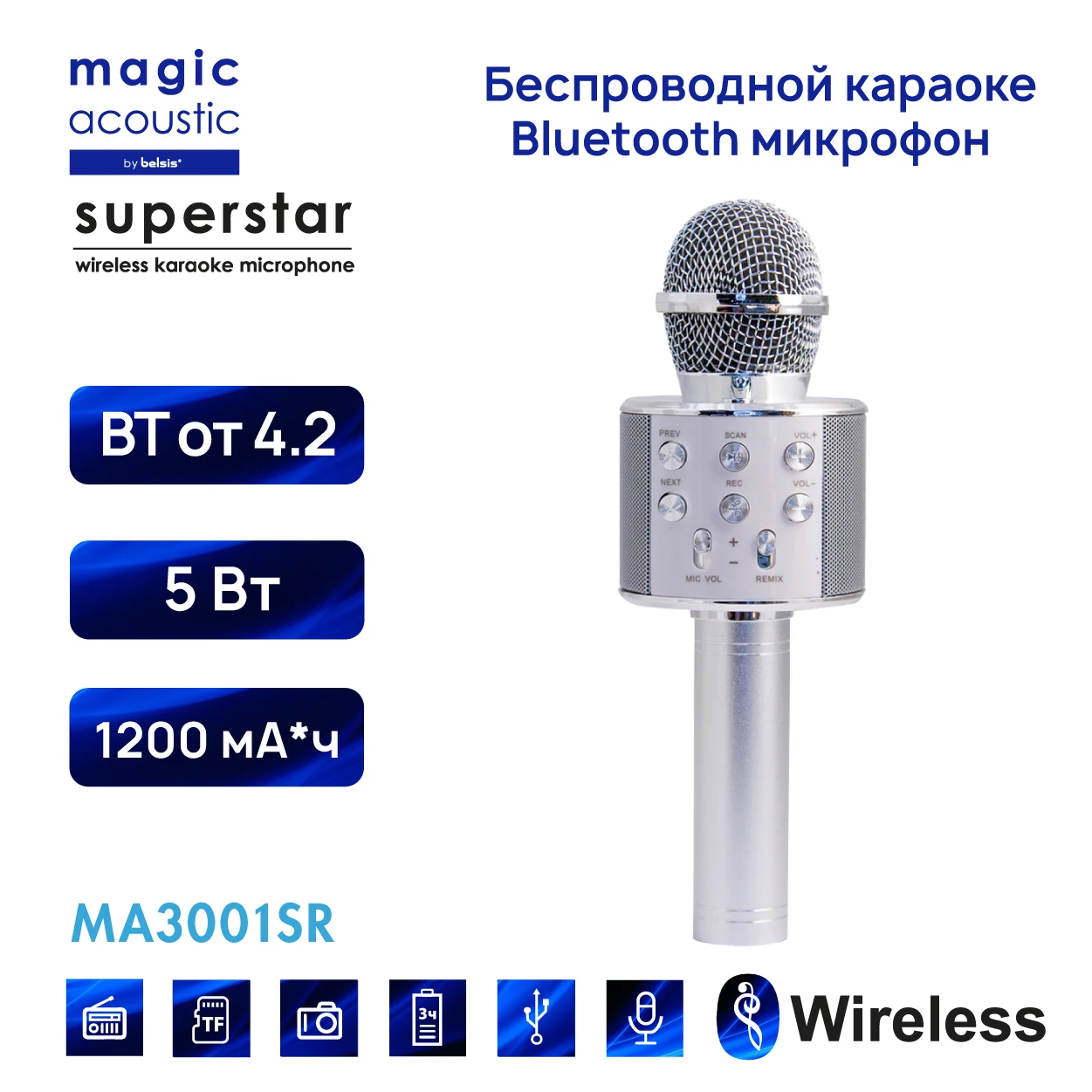 

Микрофон для живого вокала Magic Acoustic Superstar, серебристый