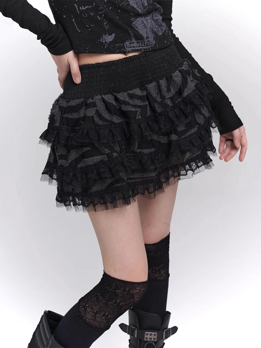 Женская кружевная мини-юбка REDDACHiC Grunge черная Пышная юбка с эластичной талией и