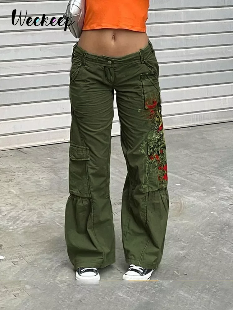 

Weekeep Vintage Graphic Women's Jeans Grunge 2000s Low Waist Wide Leg Denim Cargo Pants Aesthetic Casual Streetwear Y2k Trou