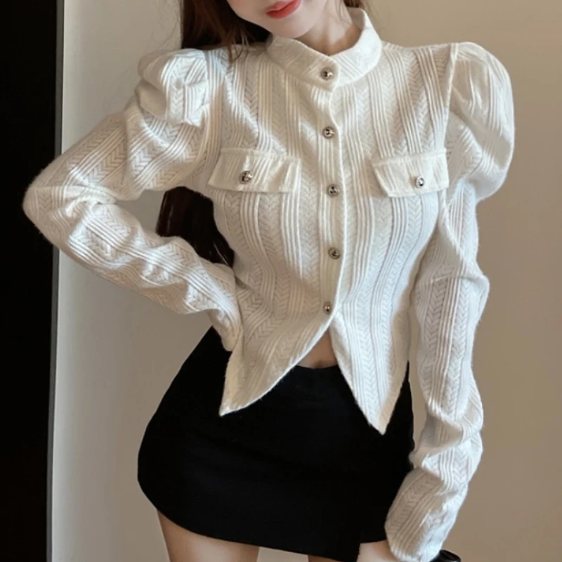 

Korean Fashion Half High Collar Knitted Cardigan Woman Long Puff Sleeve Sweater Women Irregular Crop Top Female Dropshipping