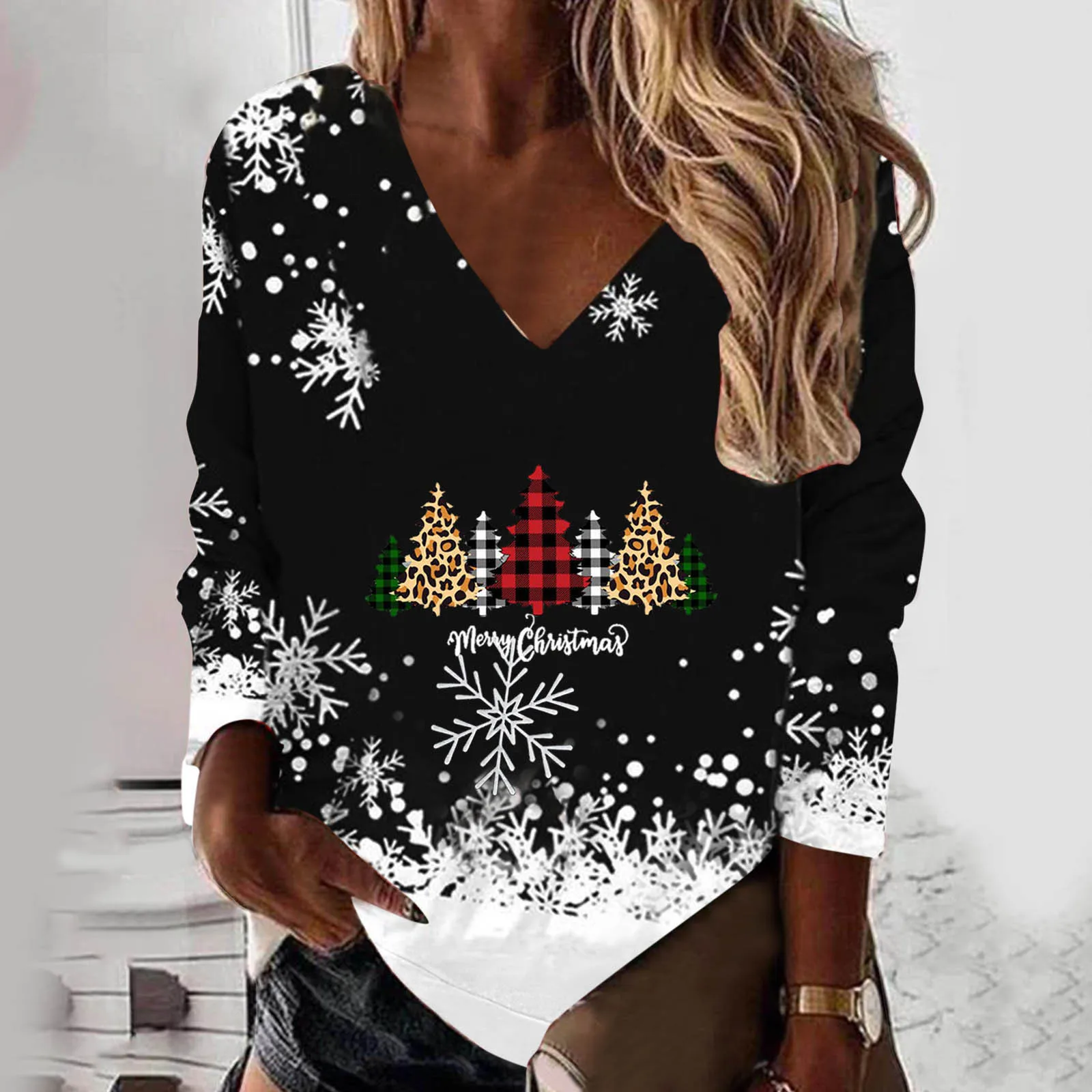 

Women Hoodies Christmas Print Sweater Coat Snowflake Loose Female Black Long Sleeve Womenswear Autumn Sweatshirt Female Jumber