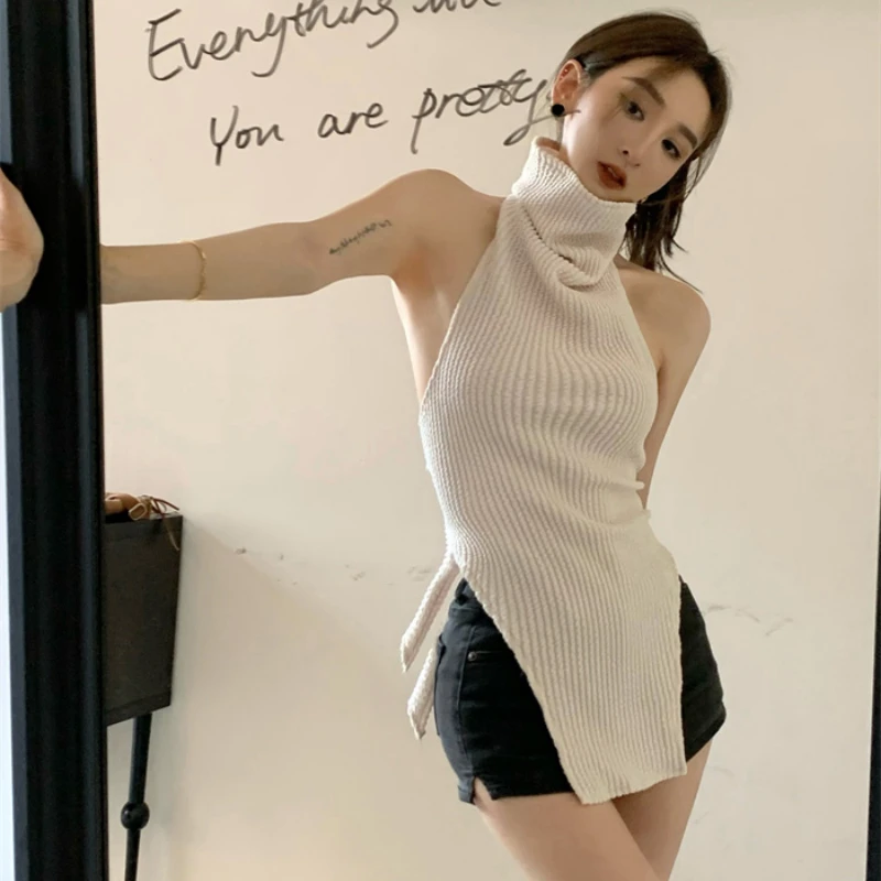 

Y2k High-neck Knitted Camisole Women's Summer Irregular Hot Girls Backless Straps Halter Neck Outer Wear Short Tops