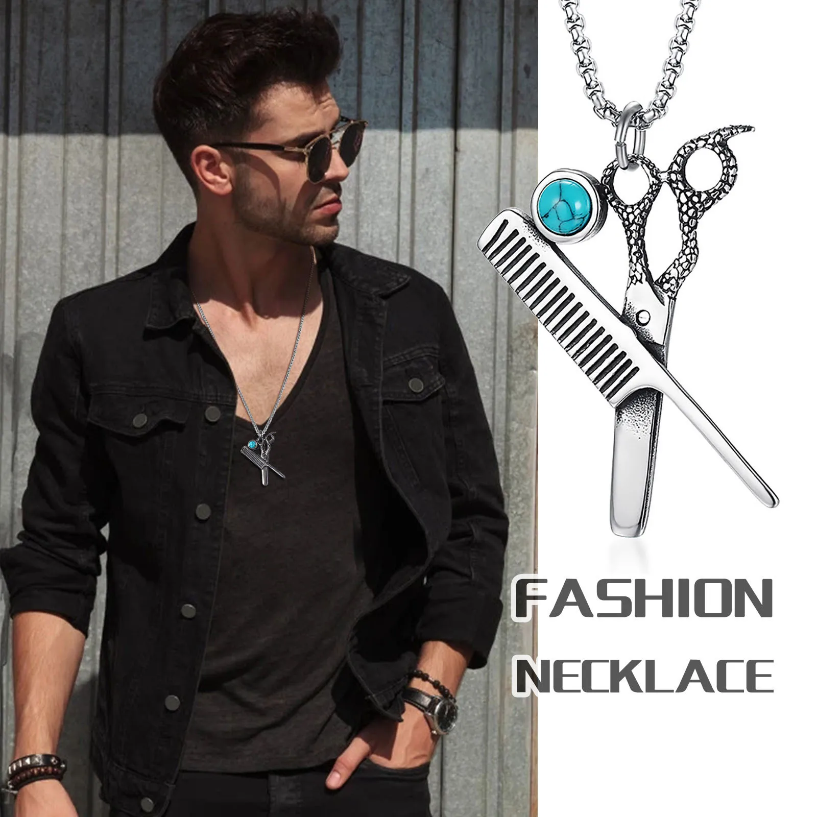 

Rock Punk Stainless Steel Hair Stylist Scissors and Comb Charm Pendant Necklaces for Men Male Gift Jewelry