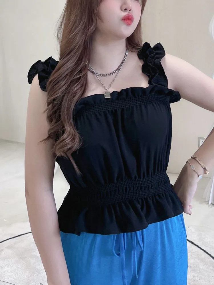 

Women Camis Top Summer 2022 Polyester Chiffon RUFFLES Fold Strap Short Sweet And Cool Blouses