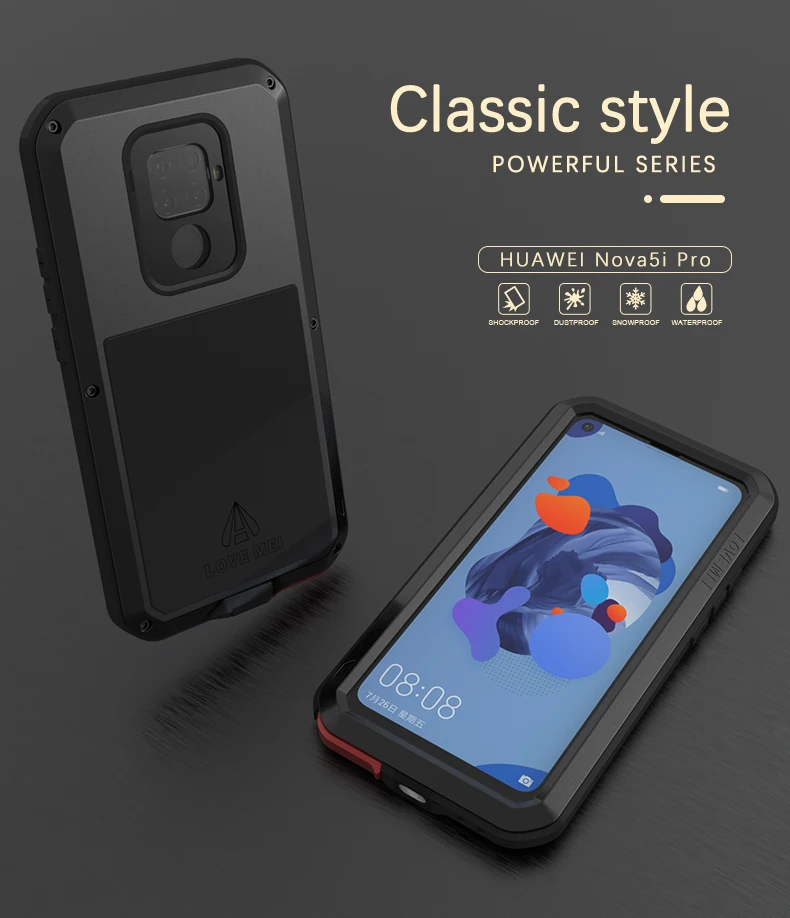 

For Huawei Nova 5i Pro Case Cover 6.26 inch LOVE MEI Shockproof Silicone Metal Case For Huawei Nova 5i Pro with Tempered Glass