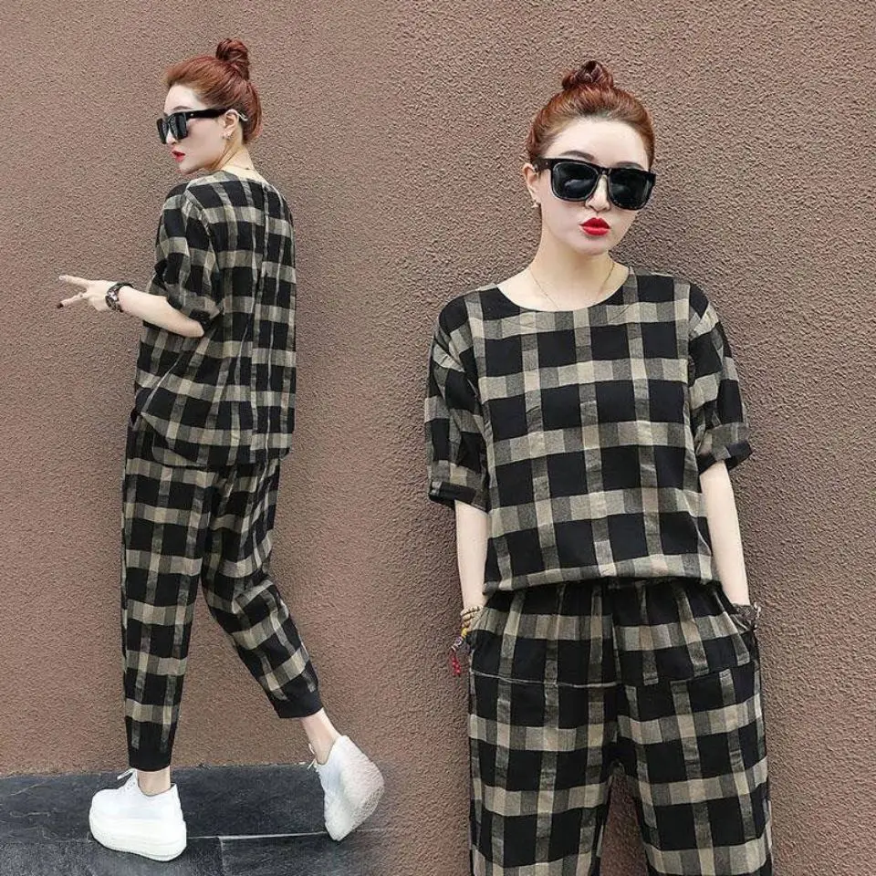 

Pant Sets Female Summer 2023 New Casual Fashion Loose Plaid Elastic Waist Matching Sets Two-piece Set Women's Clothing A461
