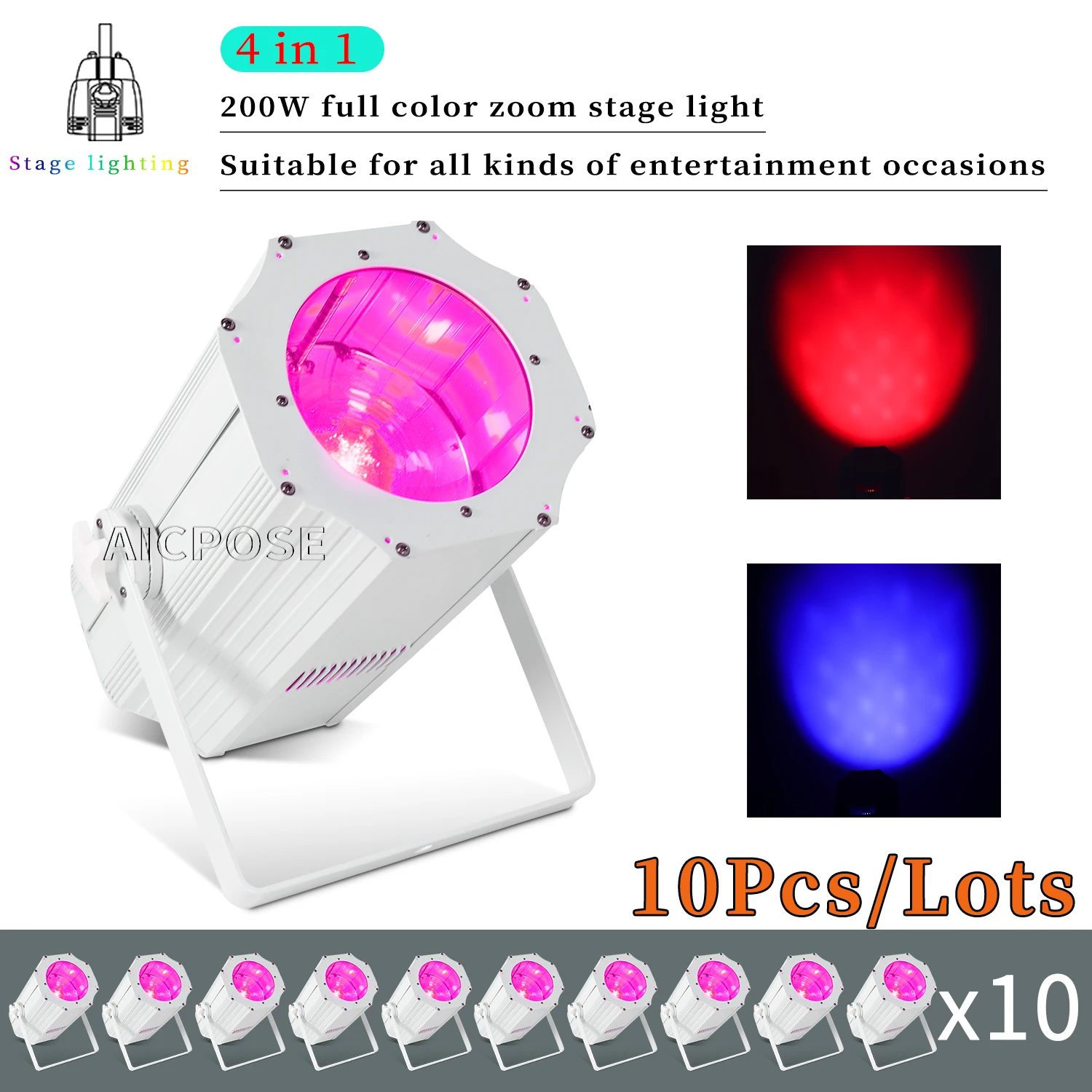 

10Pcs/Lots 200W White Stage Light COB Zoom Audience Light RGBW 4 in 1 LED Par Light Stage Wedding Disco Remote Spotlight