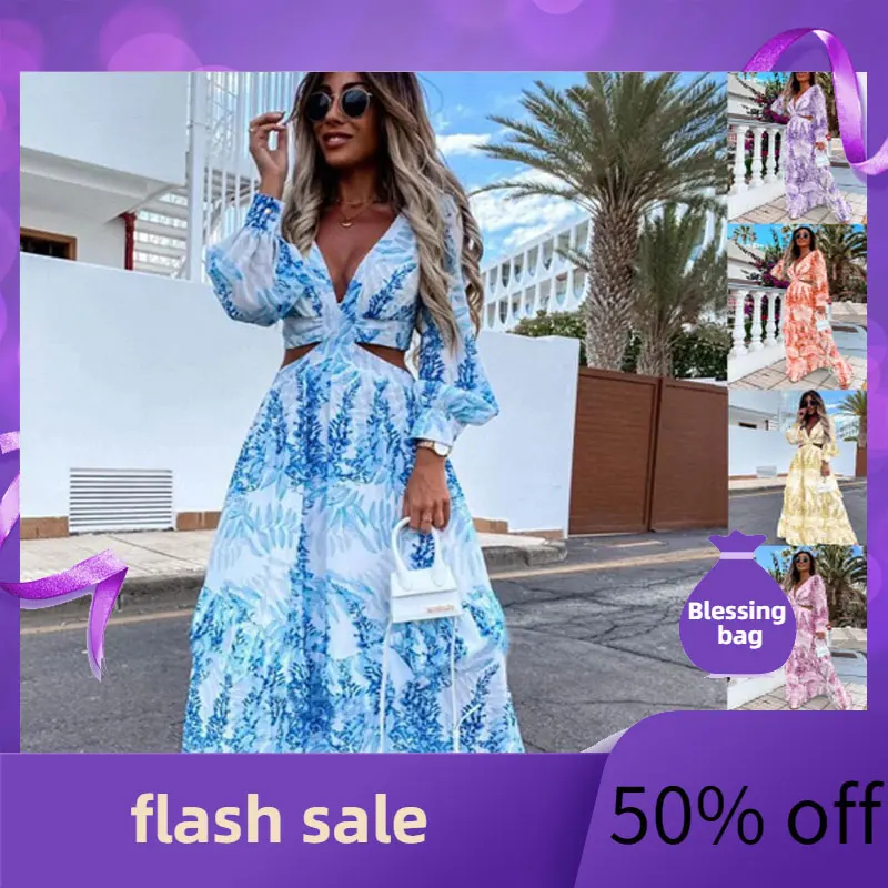 

Женское длинное платье с принтом, Привлекательное платье с V-образным вырезом и длинным рукавом, весна 2022