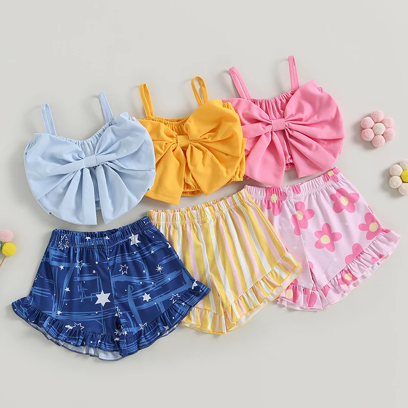 

1-6Y Toddler Baby Girls Summer Clothes Set Solid Color Big Bow Strap Tank Top Flower Print Ruffle Hem Shorts Two Pieces Set