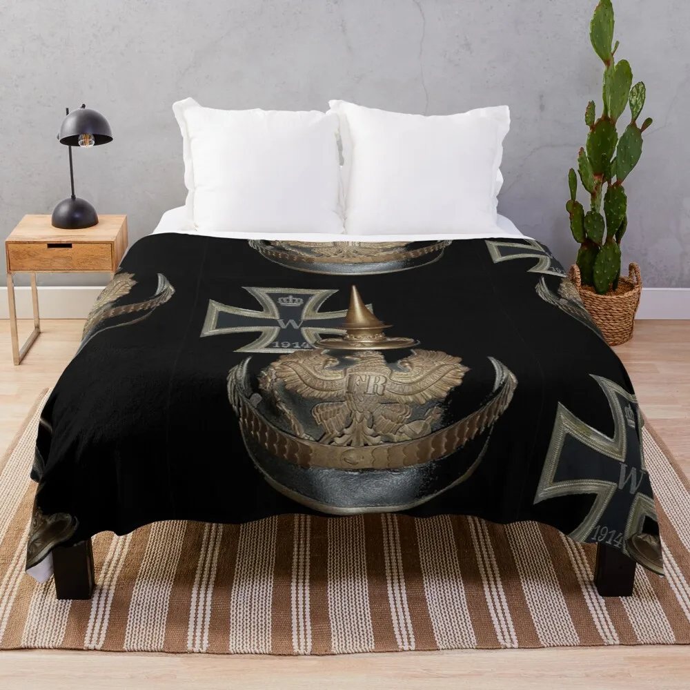 

German WWI Icons.. 1914 Iron Cross and Helmet Throw Blanket Large Knitted Plaid