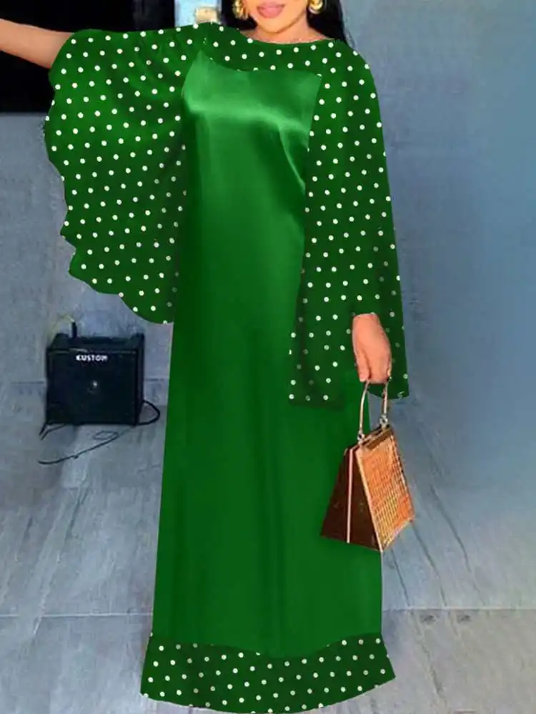 

VONDA Bohemian Dress 2022 Summer Women Long Sleeve Pleated Casual Maxi Dress O Neck Polka Dot Loose Vintage Party Vestidos Robe