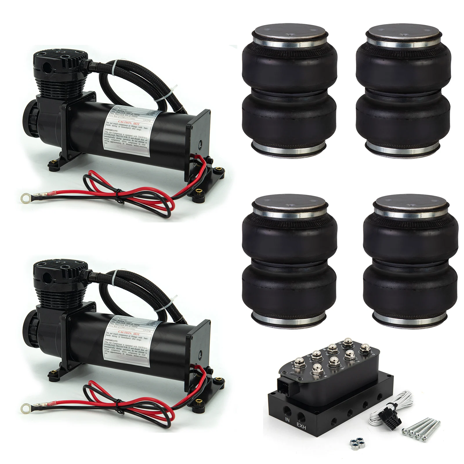 

Air Ride Suspension Kit 2Pcs DC 12V 480c Air Compressor 4Pcs Air Spring Bags And 1 Air Ride Manifold Valve