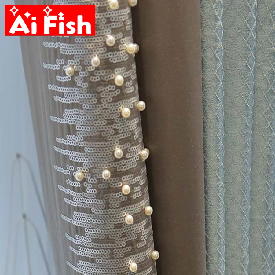 

Blue Gray Pearls Sequins Stitching Luxury Window Treatment Curtains For Living Room French Romantic Bedroom Tulle Curtains #4